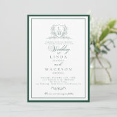 Emerald Green botanical crest monogram wedding Einladung (Stehend Vorderseite)