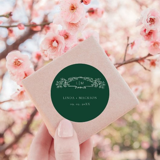 Emerald Green Botanical Wappen Monogramm Hochzeit Runder Aufkleber