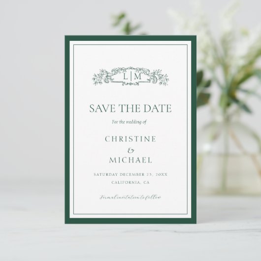 Emerald Green Botanical Wappen Monogramm Hochzeit Save The Date (Stehend Vorderseite)