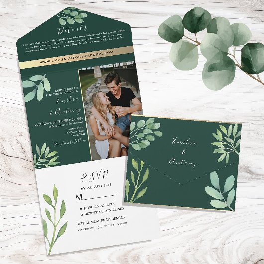 Emerald Green Botanical Wedding All In One Einladung