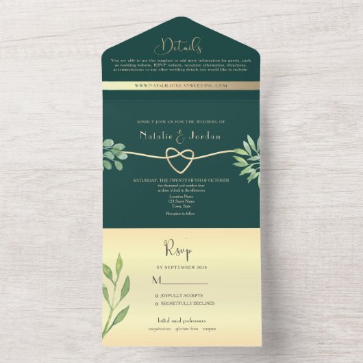 Emerald Green Botanical Wedding All In One Einladung (Innen Boden)