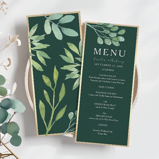 Emerald Green Botanical Wedding Menu Menükarte