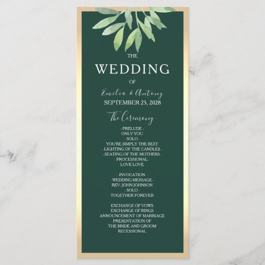 Emerald Green Botanical Wedding Program Programm (Vorderseite)