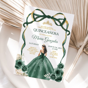 Emerald Green Bow Princess Gold Crown Quinceañera Einladung