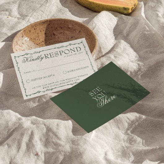 Emerald Green Branches Boho Old Money Wedding RSVP Karte
