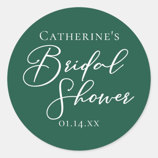 Emerald Green Brautparty Custom White Script Runder Aufkleber (Vorderseite)