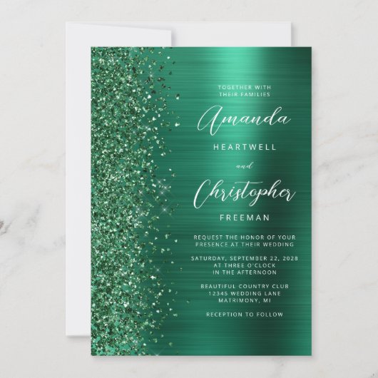 Emerald Green Brushed Metal Glitzer Script Wedding Einladung (Vorderseite)