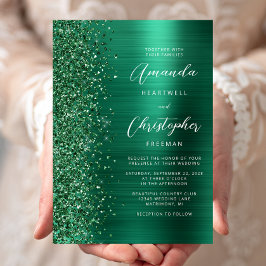 Emerald Green Brushed Metal Glitzer Script Wedding Einladung