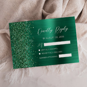 Emerald Green Brushed Metal Glitzer Script Wedding RSVP Karte