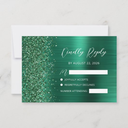 Emerald Green Brushed Metal Glitzer Script Wedding RSVP Karte (Vorderseite)