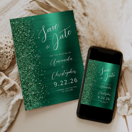 Emerald Green Brushed Metal Script Save the Date Ankündigung