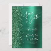Emerald Green Brushed Metal Script Save the Date Ankündigung (Vorderseite)