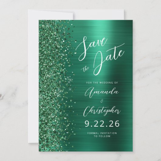 Emerald Green Brushed Metal Script Save the Date Ankündigung (Vorderseite)