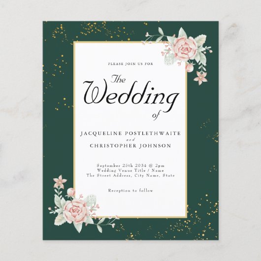 Emerald Green Budget Hochzeit Einladung Pink Peony Flyer (Vorne)