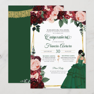 Emerald Green & Burgund Pink Floral Quinceanera Einladung