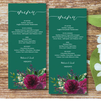 Emerald Green Burgundy Floral Wedding Menükarte