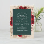 Emerald Green Burgundy Rose Hochzeitseinladung Einladung (Stehend Vorderseite)