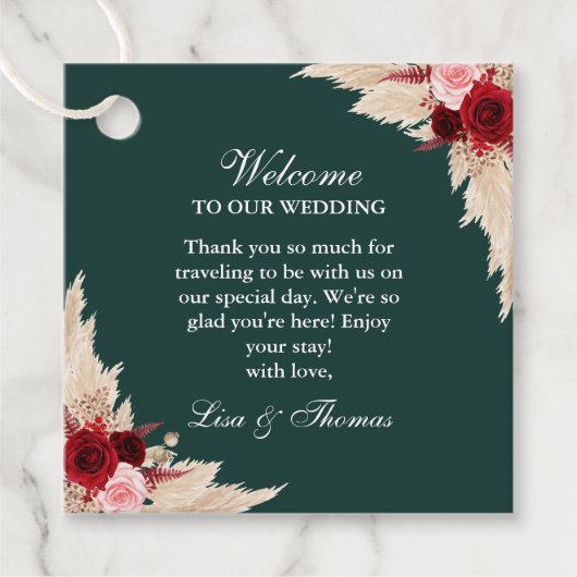 Emerald Green Burgundy Rose Hochzeitsempfang Geschenkanhänger (Vorderseite)