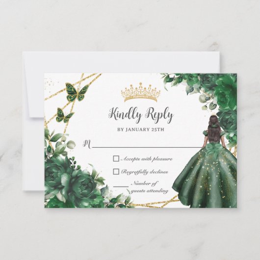 Emerald Green Butterfells Prinzessin Quinceañera RSVP Karte (Vorderseite)