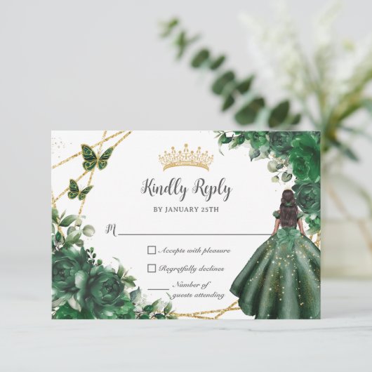 Emerald Green Butterfells Prinzessin Quinceañera RSVP Karte (Stehend Vorderseite)