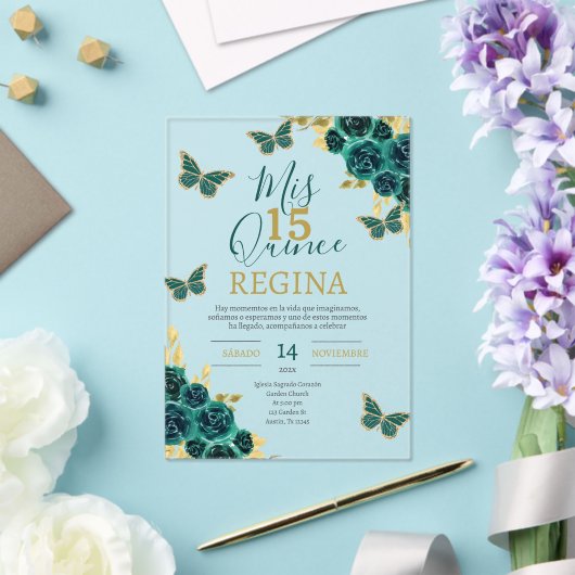 Emerald Green Butterflies Quinceañera Acryleinladungen (In Situ (Hochzeit))