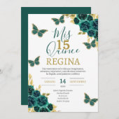 Emerald Green Butterflies Quinceañera Einladung (Vorne/Hinten)