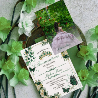 Emerald Green Butterfly Quinceañera Photo Invite Einladung