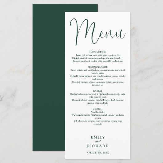 Emerald Green Calligraphy Script Wedding Menükarte (Vorne/Hinten)