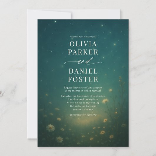Emerald Green Celestial Meadow Wedding Einladung (Vorderseite)