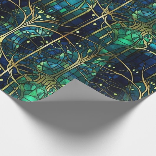 Emerald Green Celestial Tree Gestaltete Glasmuster Geschenkpapier (Ecke)