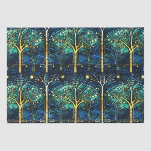 Emerald Green Celestial Tree Gestaltete Glasmuster Seidenpapier (Vorderseite)