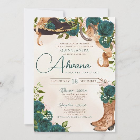 Emerald Green Charra Quinceanera Western Rose Einladung (Vorderseite)