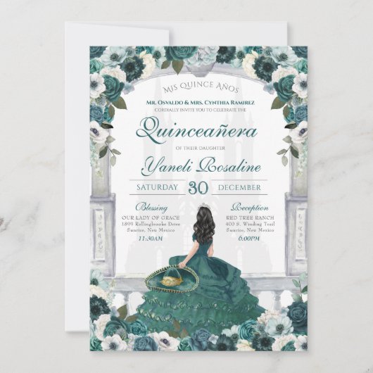Emerald Green Charro Elegante Princess Quinceanera Einladung (Vorderseite)