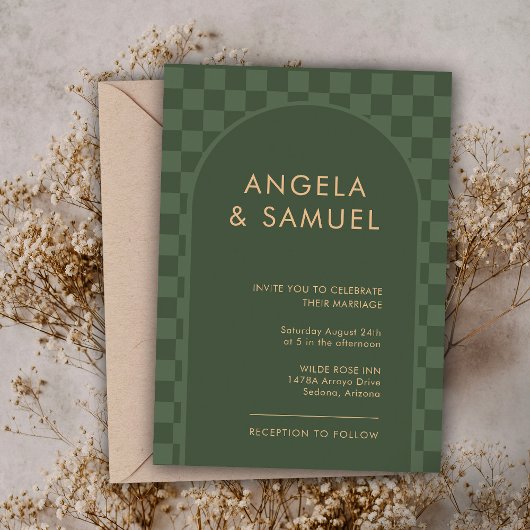 Emerald Green Checkered Modern Wedding Einladung