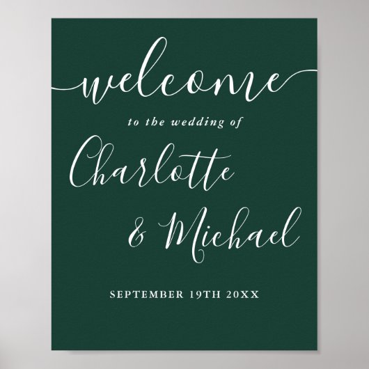 Emerald Green Chic Script Wedding Willkommenszeich Poster (Vorne)