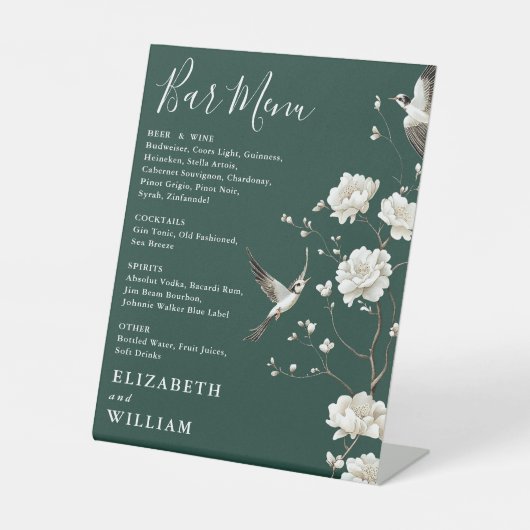 Emerald Green Chinoiserie Blumenmenü Bar Hochzeit Sockelschild (Vorderseite)