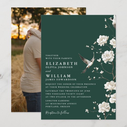 Emerald Green Chinoiserie Floral Wedding Foto Einladung (Vorne/Hinten)
