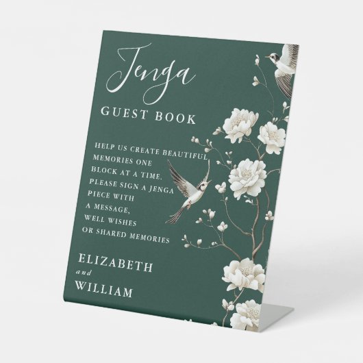 Emerald Green Chinoiserie Jenga Gästebuch Wedding Sockelschild (Vorderseite)