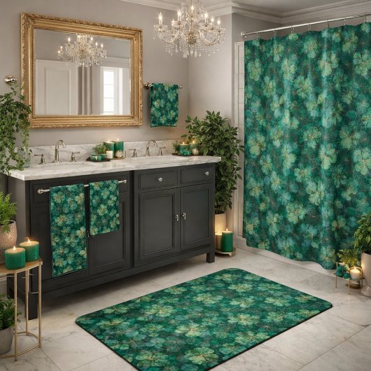 Emerald Green Clover Floral Pattern  Badematte