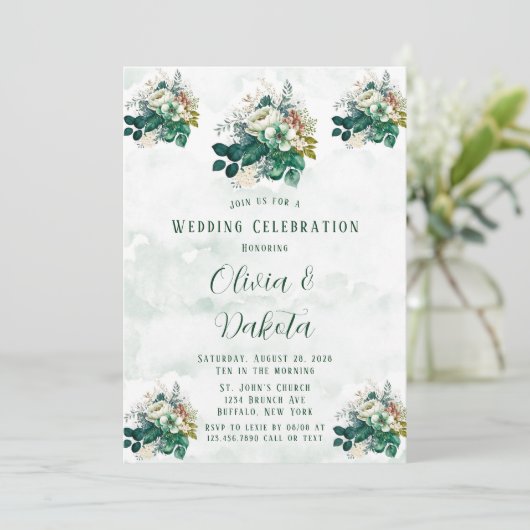Emerald Green Cream Florals Wedding Celebration Einladung (Stehend Vorderseite)