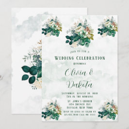 Emerald Green Cream Florals Wedding Celebration Einladung