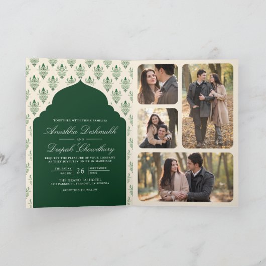 Emerald Green Cream Ikat All in One Indian Wedding Einladung (Innenseite)