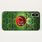 EMERALD GREEN DAMASK RED GEM MONOGRAM Case-Mate iPhone HÜLLE (Rückseite (Horizontal))
