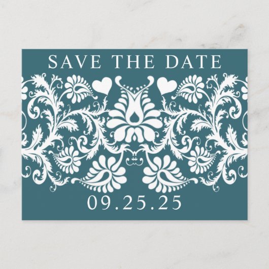 Emerald Green Damask Save the Date Ankündigungspostkarte (Vorderseite)