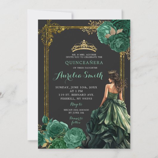 Emerald Green Dark Hintergrund Royal Quinceañera Einladung (Vorderseite)