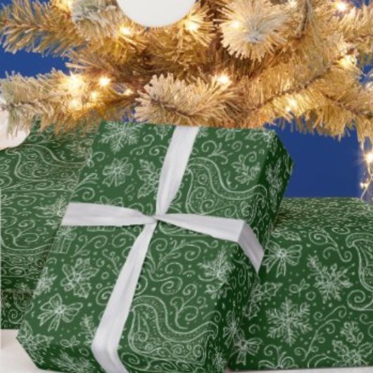Emerald Green Doodle Christmas Sleigh Pattern Geschenkpapier