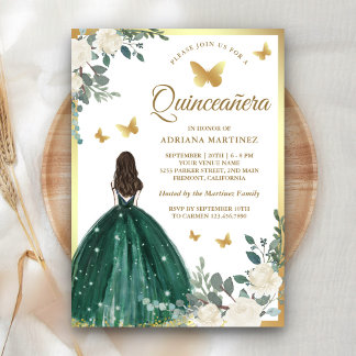 Emerald Green Dress Butterfly Gold Quinceanera Einladung