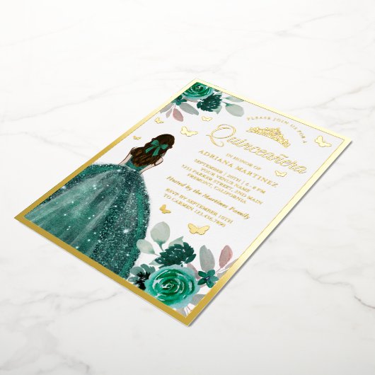 Emerald Green Dress Butterfly Quinceanera Gold Folieneinladung (Gedreht)