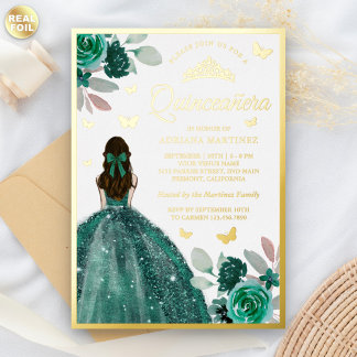 Emerald Green Dress Butterfly Quinceanera Gold Folieneinladung