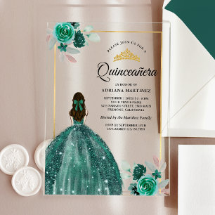 Emerald Green Dress Floral Gold Quinceanera Acryleinladungen